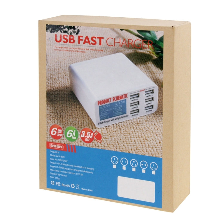 WLX-899 30W USB-Ladegerät 5V 6A Ausgang 3,5A Max Hochgeschwindigkeits 6-Port USB-Ladegerät mit Digitalanzeige & 1,5m Kabel, WLX-899