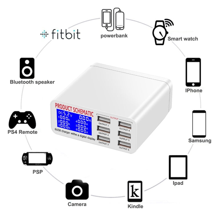 WLX-899 30W USB-Ladegerät 5V 6A Ausgang 3,5A Max Hochgeschwindigkeits 6-Port USB-Ladegerät mit Digitalanzeige & 1,5m Kabel, WLX-899