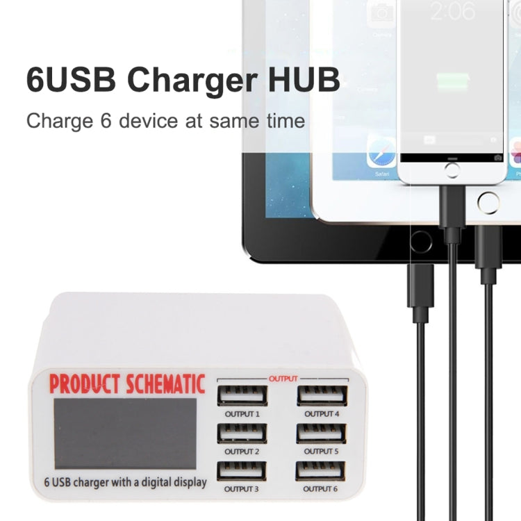 WLX-899 30W USB-Ladegerät 5V 6A Ausgang 3,5A Max Hochgeschwindigkeits 6-Port USB-Ladegerät mit Digitalanzeige & 1,5m Kabel, WLX-899