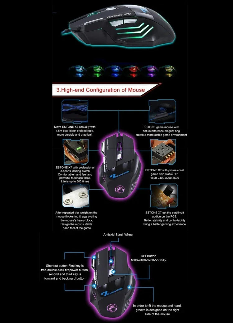 7 Tasten mit Scrollrad, 5000 DPI, LED-Beleuchtung, kabelgebundene optische Gaming-Maus für Computer, PC und Laptop, X7 7 Tasten (Schwarz)