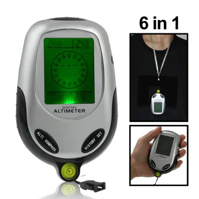 6 in 1 (Höhenmesser, Barometer, Kompass, Thermometer, Uhrzeit & Kalender) Multifunktions-Digitalkompass, 6 in 1