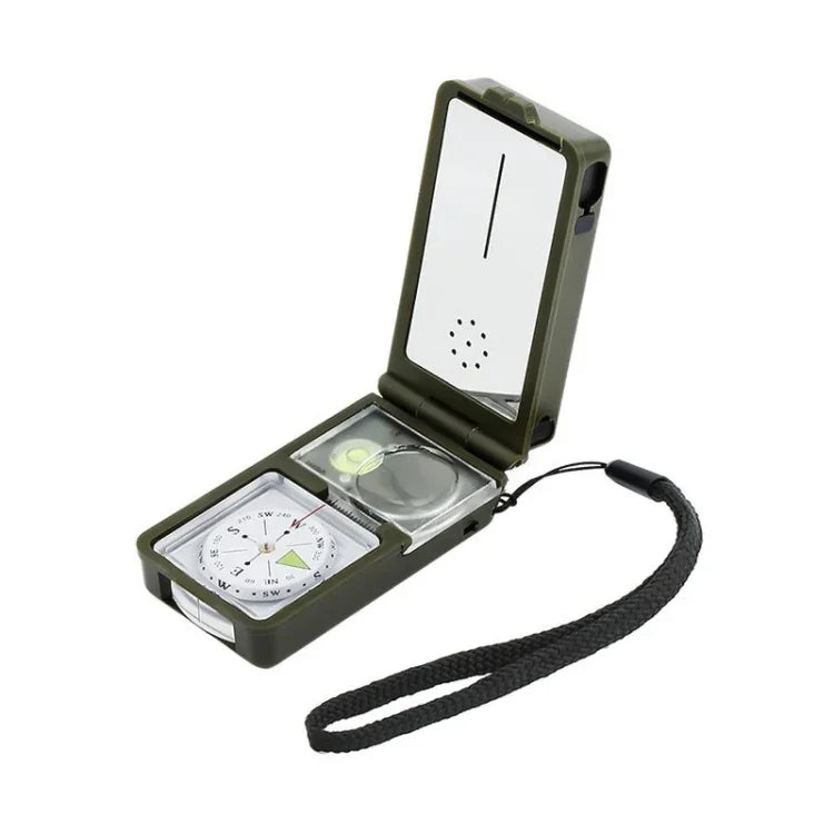 10 in 1 (Thermometer, Hygrometer, LED-Licht, Reflektor, Wasserwaage, Kompass, Pfeife, Feuerstein, Lupe, Lineal) Multifunktions-Kompass, 10 in 1