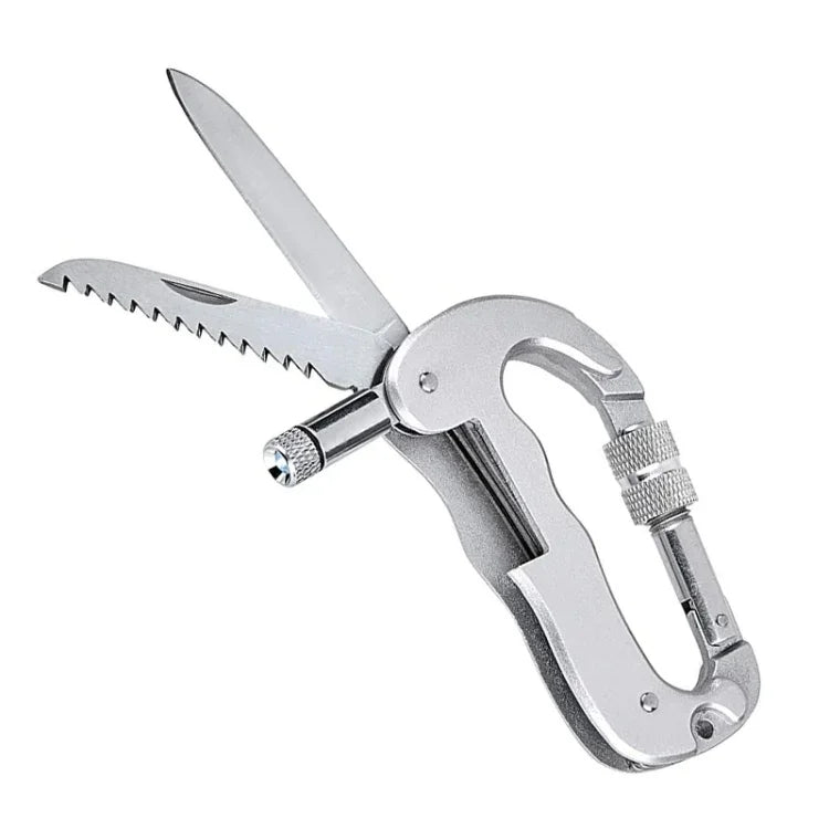 Hochleistungs-Karabinerhaken mit D-Form, Clip-on-Klemme, Schlüsselanhängerhaken mit Doppelmesser und LED-Taschenlampe, D-Form + Messer