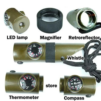 7 in 1 (Überlebenspfeife / Kompass / Thermometer / LED-Licht / Lupe / Retroreflektor / Schnur), 7 in 1 Überlebenspfeife