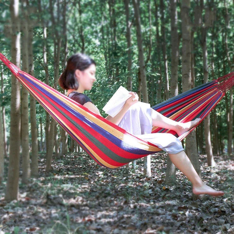 Gestreifte Einzel-Hängematte aus Leinen für Camping im Freien, Größe: 185 cm x 80 cm, 185 cm x 80 cm (Rot), 260 cm x 100 cm (Blau)