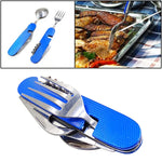 6-in-1 Edelstahl Reise- / Camping Klappbesteck-Set, Löffel + Gabel + Messer + Flaschenöffner