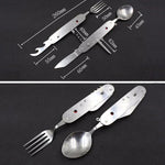 6-in-1 Edelstahl Reise- / Camping Klappbesteck-Set, Löffel + Gabel + Messer + Flaschenöffner