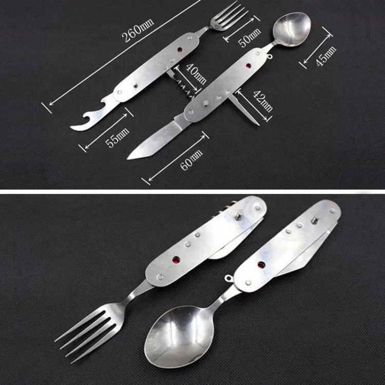 6-in-1 Edelstahl Reise- / Camping Klappbesteck-Set, Löffel + Gabel + Messer + Flaschenöffner