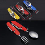6-in-1 Edelstahl Reise- / Camping Klappbesteck-Set, Löffel + Gabel + Messer + Flaschenöffner