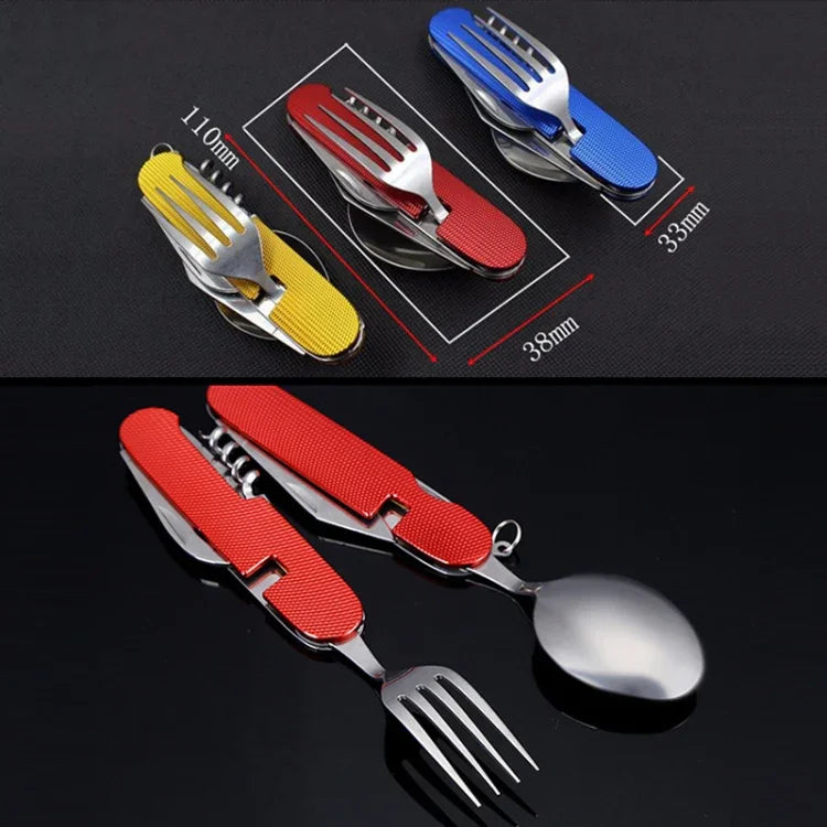 6-in-1 Edelstahl Reise- / Camping Klappbesteck-Set, Löffel + Gabel + Messer + Flaschenöffner