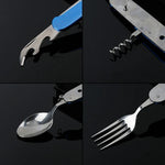 6-in-1 Edelstahl Reise- / Camping Klappbesteck-Set, Löffel + Gabel + Messer + Flaschenöffner