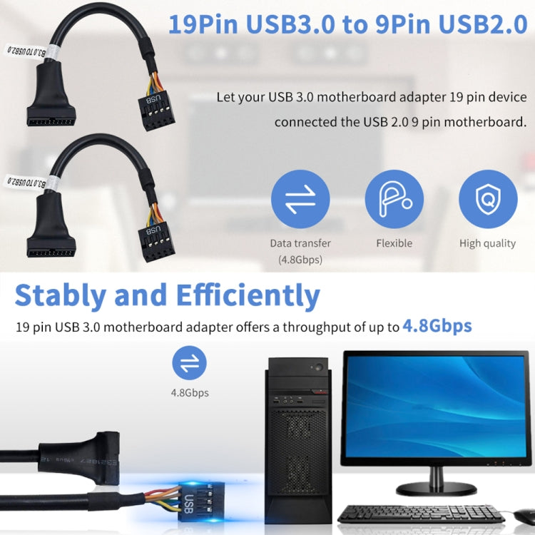 USB 2.0 9-poliges Motherboard Buchse zu USB 3.0 19-poliges Gehäuse Stecker Adapterkabel, Länge: 15cm, 9-polige Buchse zu 19-poligem Stecker
