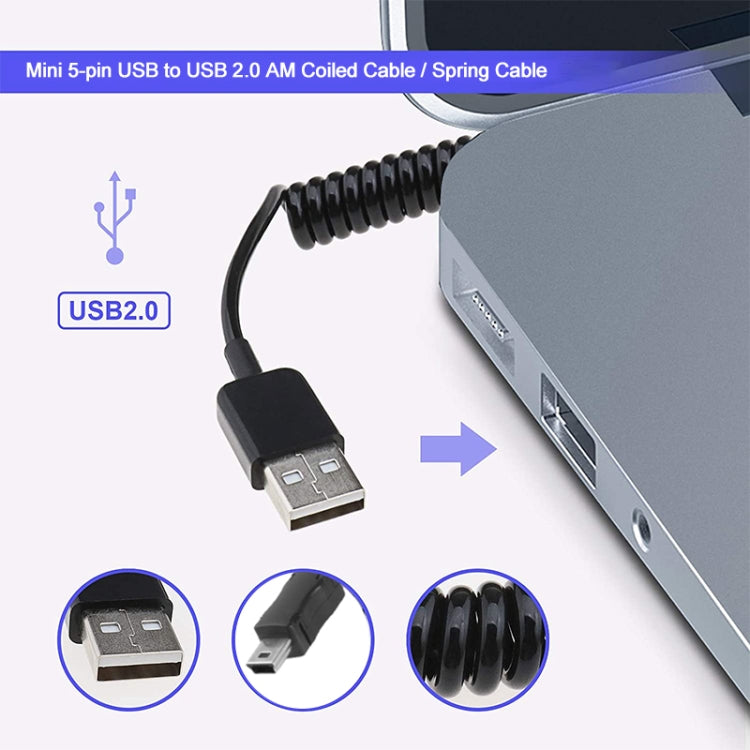 Mini 5-poliges USB-zu-USB 2.0 AM Spiralkabel / Federkabel, Länge: 25cm (auf bis zu 80cm verlängerbar), Mini USB zu USB AM, Länge: 80cm