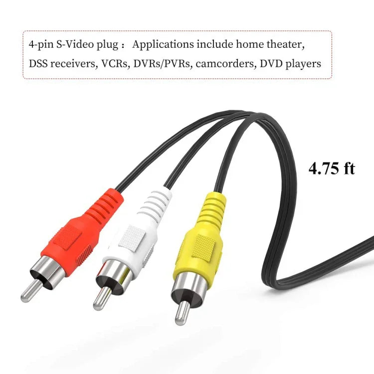 4-poliges S-Video auf 3 Cinch AV TV Stecker Konverterkabel, Länge: 1,5 m, S-Video auf AV 3 Cinch Stecker