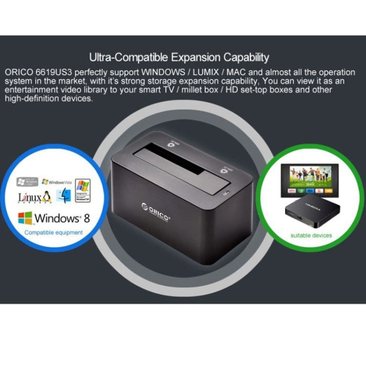 ORICO 6619US3 5Gbps Super Speed USB 3.0 zu SATA Festplatten-Dockingstation für 2,5 Zoll / 3,5 Zoll Festplatte, 6619US3
