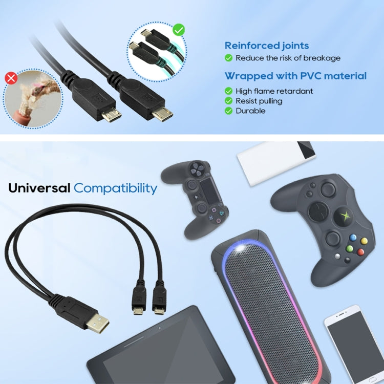 USB 2.0 Stecker zu 2 Micro USB Stecker Kabel, Länge: ca. 30cm, USB 2.0 AM zu 2 Micro USB