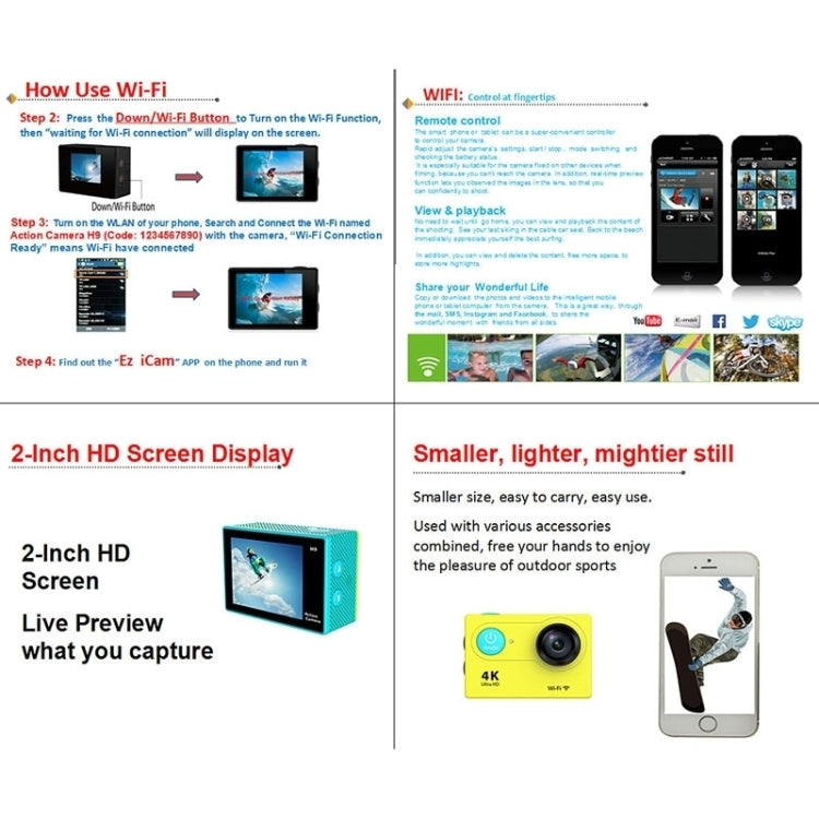 H9 4K Ultra HD1080P 12MP 2 Zoll LCD-Bildschirm WiFi Sportkamera, 170 Grad Weitwinkelobjektiv, 30m wasserdicht, H9 4K (Gelb), H9 4K (Weiß), H9 4K (Silber), H9 4K (Blau), H9 4K (Gold), H9 4K (Pink), H9 4K (Schwarz)