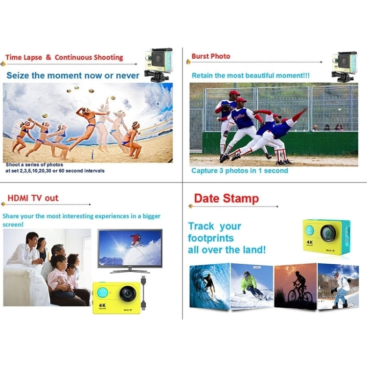 H9 4K Ultra HD1080P 12MP 2 Zoll LCD-Bildschirm WiFi Sportkamera, 170 Grad Weitwinkelobjektiv, 30m wasserdicht, H9 4K (Gelb), H9 4K (Weiß), H9 4K (Silber), H9 4K (Blau), H9 4K (Gold), H9 4K (Pink), H9 4K (Schwarz)