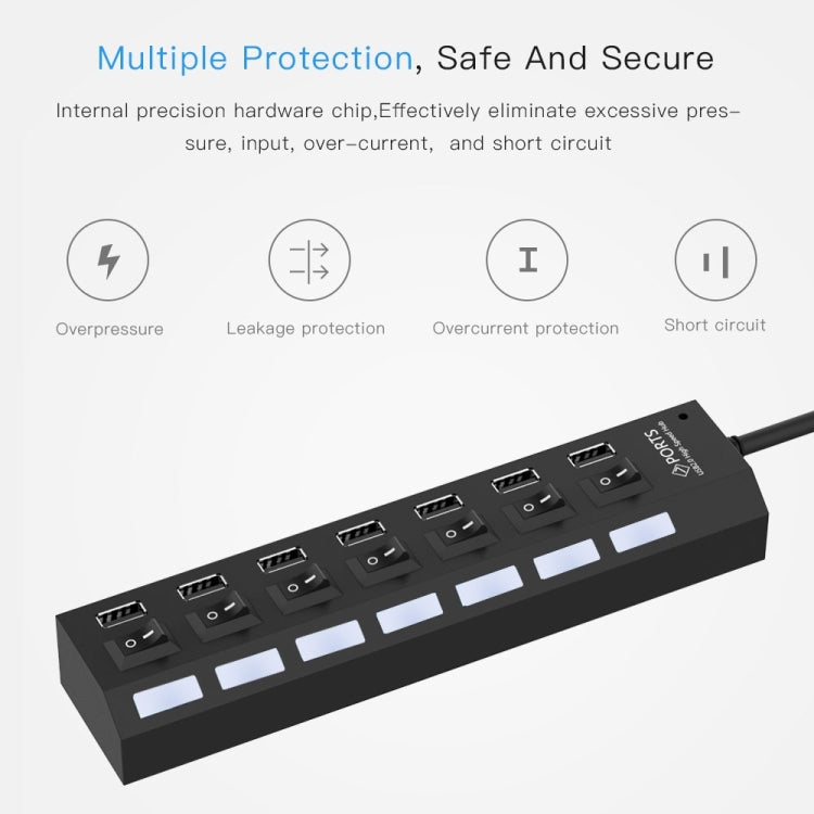 7 Ports USB-Hub 2.0 USB-Splitter Hochgeschwindigkeit 480Mbps mit EIN/AUS-Schalter / 7 LEDs, 7 Ports (Weiß), 7 Ports (Schwarz)