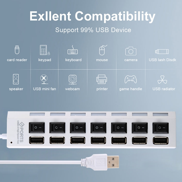 7 Ports USB-Hub 2.0 USB-Splitter Hochgeschwindigkeit 480Mbps mit EIN/AUS-Schalter / 7 LEDs, 7 Ports (Weiß), 7 Ports (Schwarz)
