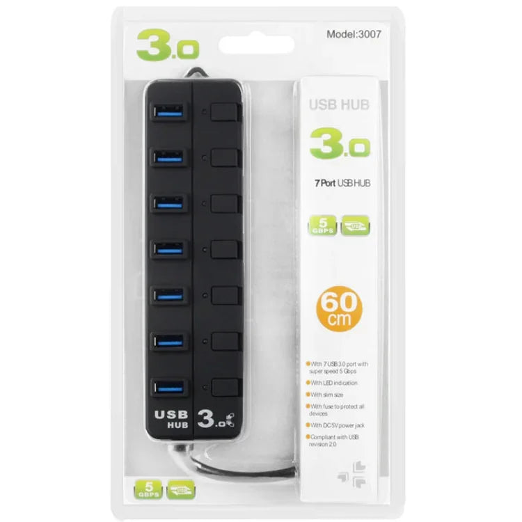 7-Port-USB-3.0-Hub mit einzelnen Schaltern für jeden Datenübertragungsport, 7 Ports (Schwarz)