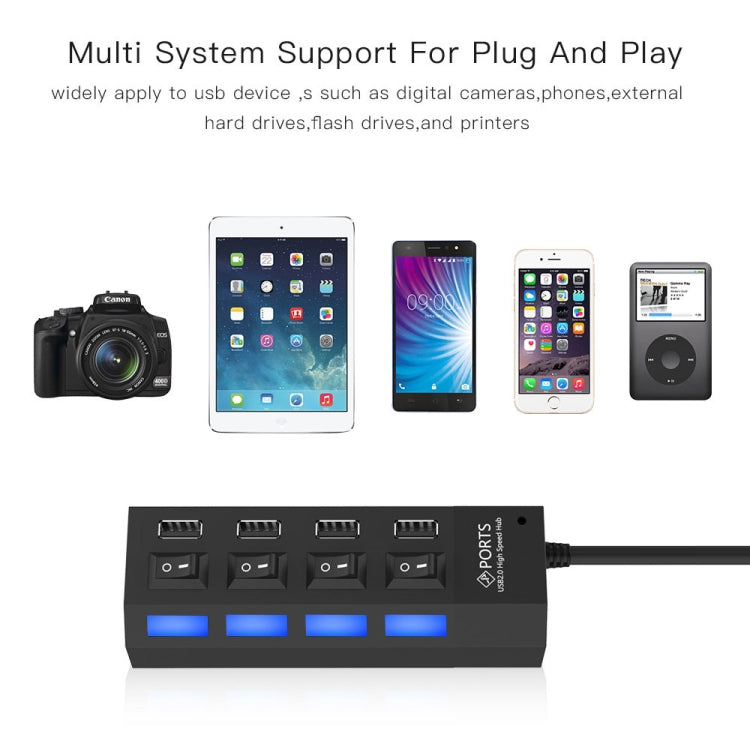 4 Ports USB-Hub 2.0 USB-Splitter Hochgeschwindigkeit 480Mbps mit EIN/AUS-Schalter, 4 LEDs, 4 Ports mit 4 LEDs (Schwarz)