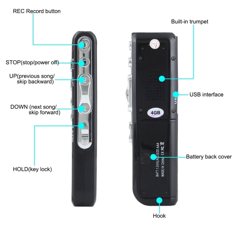 8GB Digitaler Sprachrekorder Diktiergerät MP3-Player, unterstützt Telefonaufzeichnung, VOX-Funktion, Stromversorgung: 2 x AAA-Batterien (Schwarz)