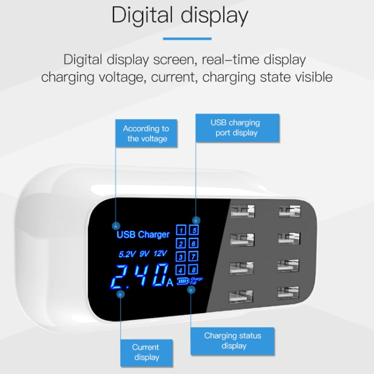 YC-CDA19A 8-Port USB Multifunktions 40W Intelligentes Digitalanzeige Schnelllade-Dock, UK-Stecker, SAS1049A, SAS1049B, SAS1049C