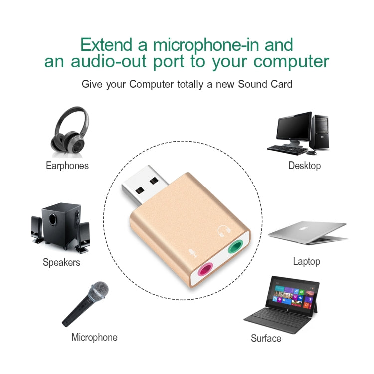 Aluminiumgehäuse 3,5mm Klinke externe USB-Soundkarte HIFI Magic Voice 7.1 Kanal Adapter Treiberfrei für Computer, Desktop, Lautsprecher, Headset, Mikrofon, Aluminium 7.1 Kanal Gold