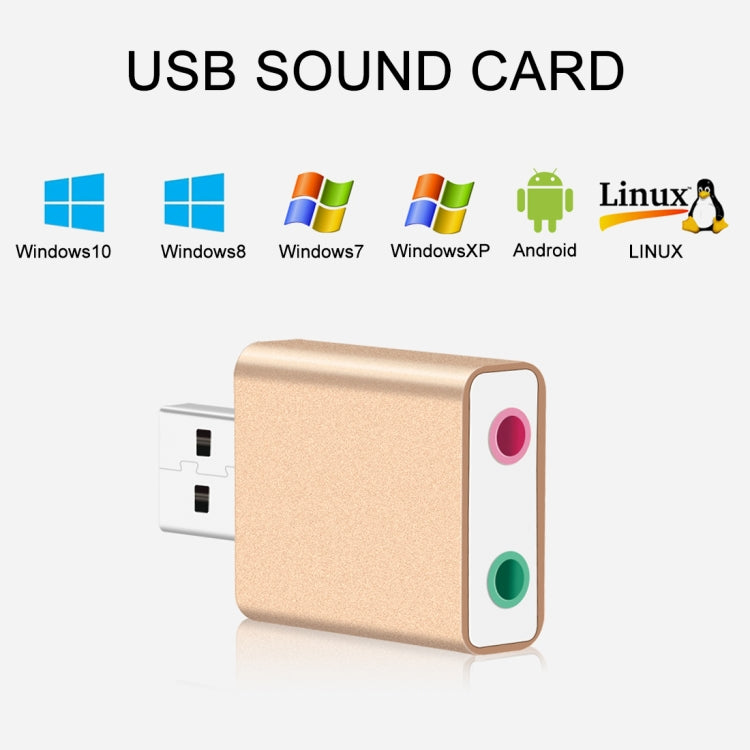 Aluminiumgehäuse 3,5mm Klinke externe USB-Soundkarte HIFI Magic Voice 7.1 Kanal Adapter Treiberfrei für Computer, Desktop, Lautsprecher, Headset, Mikrofon, Aluminium 7.1 Kanal Gold