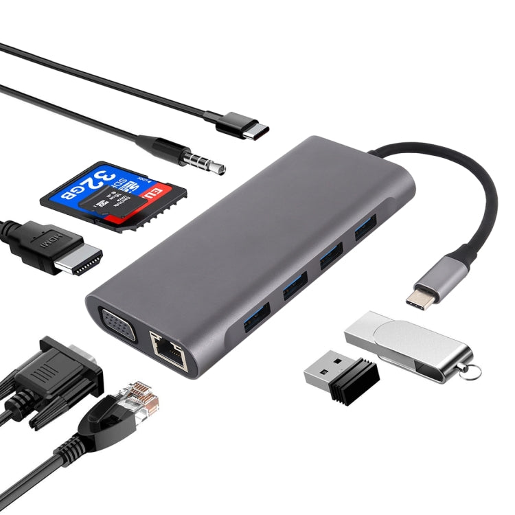 11 in 1 VGA + LAN-Anschluss + 4 x USB 3.0 + SD / TF-Karten + HDMI + Audioanschluss + USB-C / Type-C Weiblich zu USB-C / Type-C HUB Adapter, 11 Anschlüsse zu Type-C