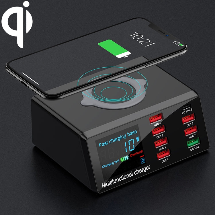 X9 9 in 1 QC 3.0 USB Schnittstelle + 6 USB Ports + PD 65W Ports + QI Kabelloses Schnelllade-Multifunktionsladegerät mit LED-Anzeige, X9