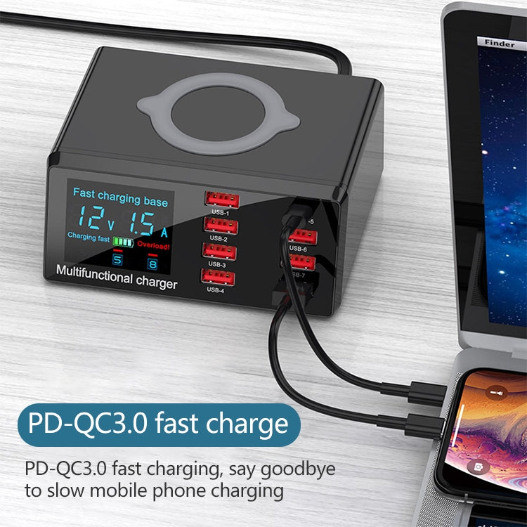 X9 9 in 1 QC 3.0 USB Schnittstelle + 6 USB Ports + PD 65W Ports + QI Kabelloses Schnelllade-Multifunktionsladegerät mit LED-Anzeige, X9