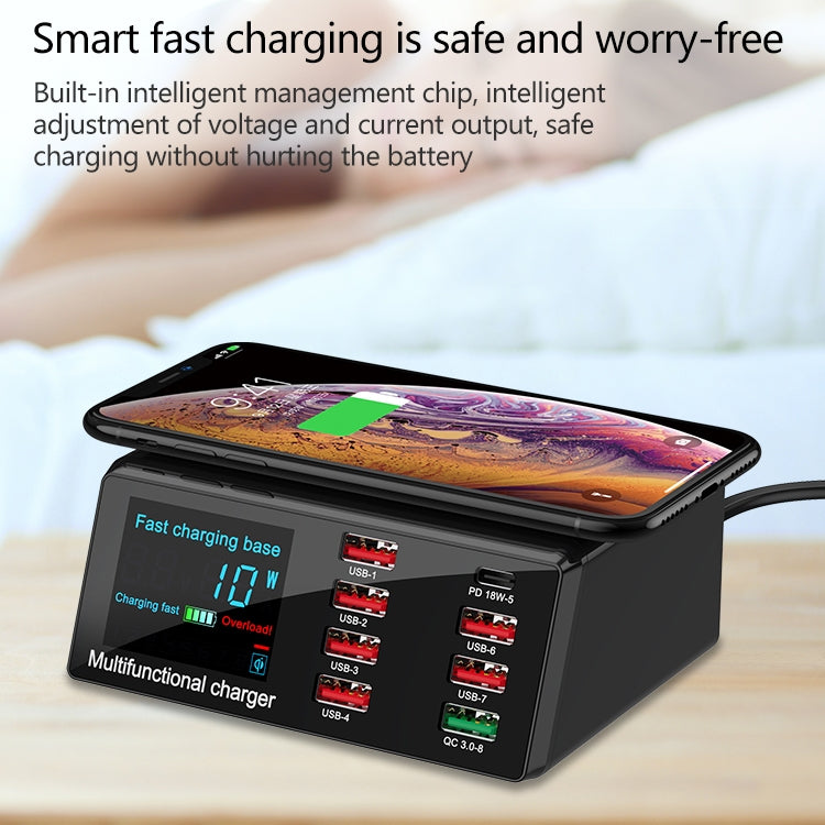X9 9 in 1 QC 3.0 USB Schnittstelle + 6 USB Ports + PD 65W Ports + QI Kabelloses Schnelllade-Multifunktionsladegerät mit LED-Anzeige, X9