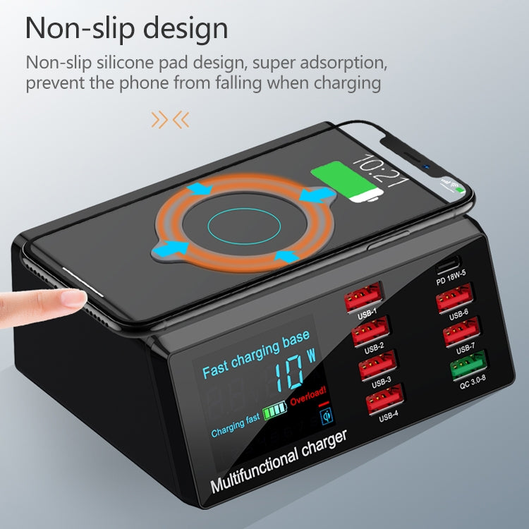 X9 9 in 1 QC 3.0 USB Schnittstelle + 6 USB Ports + PD 65W Ports + QI Kabelloses Schnelllade-Multifunktionsladegerät mit LED-Anzeige, X9