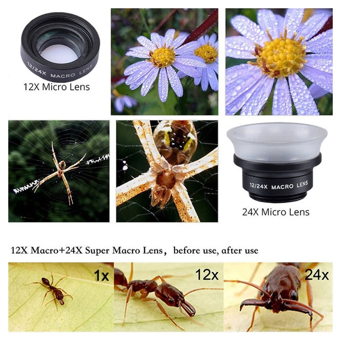 APEXEL APL-24X-H 2-in-1 Universelles Externes 12X & 24X Makro Handyobjektiv mit Gegenlichtblende