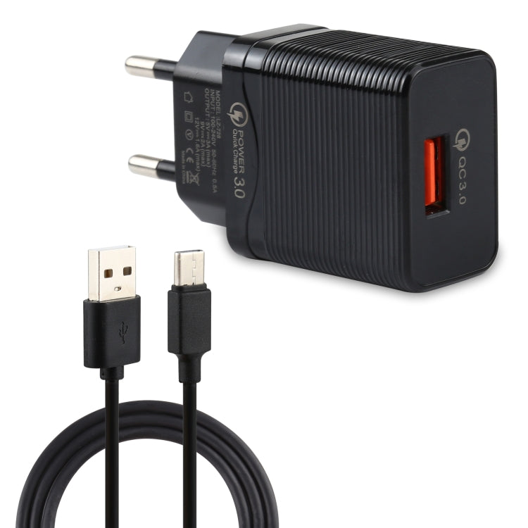 LZ-728 2-in-1 18W QC 3.0 USB-Schnittstelle Reise-Ladegerät + USB-zu-USB-C-/Type-C-Datenkabel-Set, EU-Stecker, Kabellänge: 1m, mit USB-C-/Type-C-Kabel