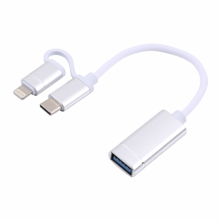 USB 3.0 Buchse zu 8 Pin + USB-C / Type-C Stecker Lade- und Übertragungs-OTG Nylon geflochtenes Adapterkabel, Kabellänge: 11cm, 8 Pin Silber + Weiß, 8 Pin Schwarz, 8 Pin Silber, 8 Pin Rot, 8 Pin Blau