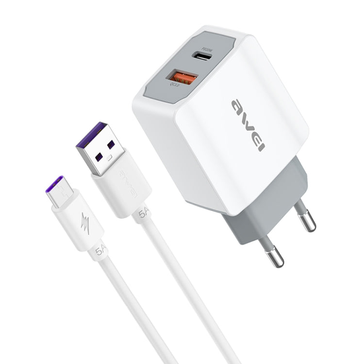 awei PD4 20W PD Type-C + QC 3.0 USB-Schnittstelle Schnelllade-Reiseladegerät mit Datenkabel, EU-Stecker