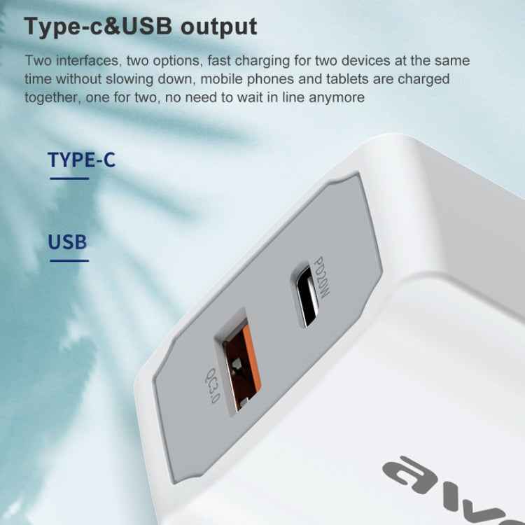 awei PD4 20W PD Type-C + QC 3.0 USB-Schnittstelle Schnelllade-Reiseladegerät mit Datenkabel, EU-Stecker