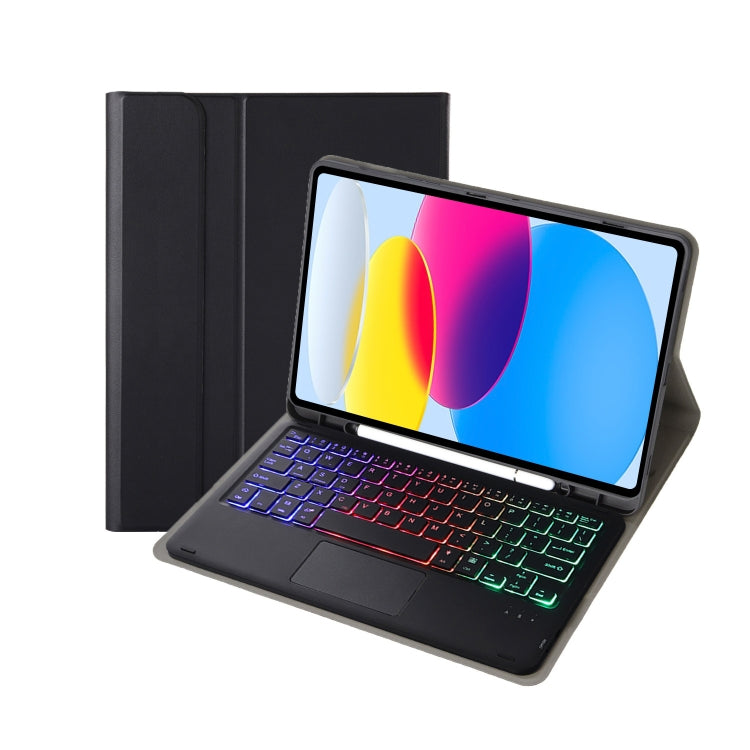 Für iPad 11 2025 / 10. Generation 10,9 2022 A10B-AS Lammlederstruktur hintergrundbeleuchtete Bluetooth Touch-Tastatur Leder-Tablet-Hülle mit Stifthalter, A10B-AS