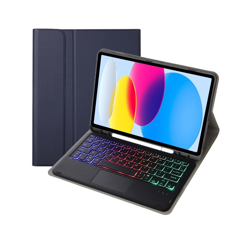 Für iPad 11 2025 / 10. Generation 10,9 2022 A10B-AS Lammlederstruktur hintergrundbeleuchtete Bluetooth Touch-Tastatur Leder-Tablet-Hülle mit Stifthalter, A10B-AS