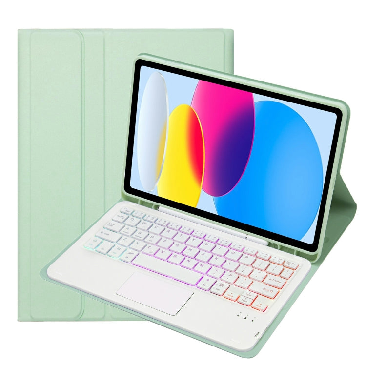 Für iPad 11 2025 / 10. Generation 10,9 2022 A10B-AS Lammlederstruktur hintergrundbeleuchtete Bluetooth Touch-Tastatur Leder-Tablet-Hülle mit Stifthalter, A10B-AS