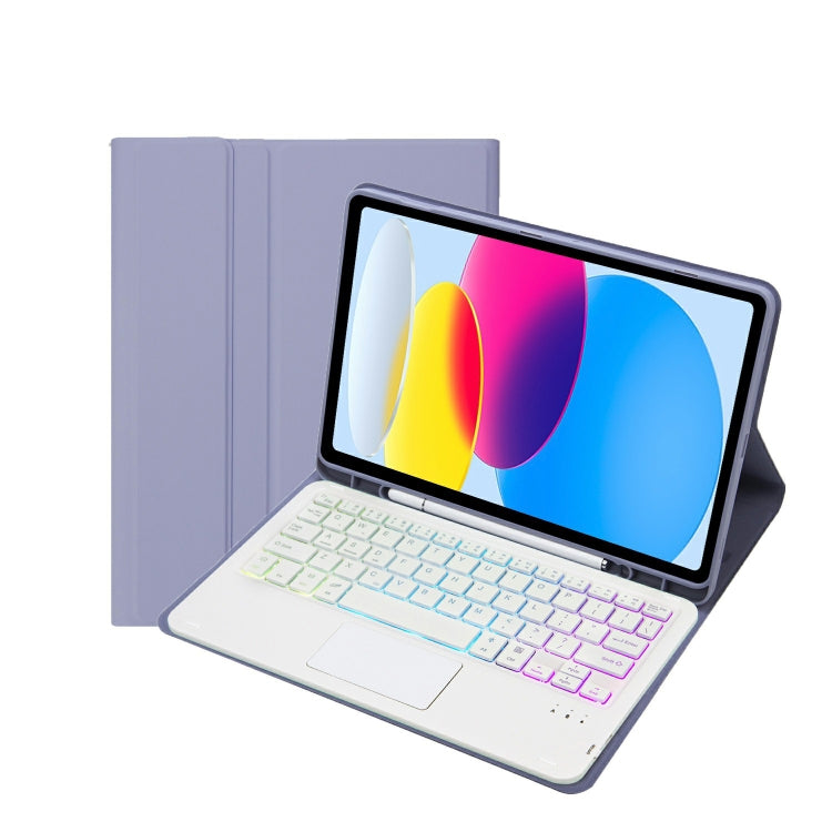 Für iPad 11 2025 / 10. Generation 10,9 2022 A10B-AS Lammlederstruktur hintergrundbeleuchtete Bluetooth Touch-Tastatur Leder-Tablet-Hülle mit Stifthalter, A10B-AS