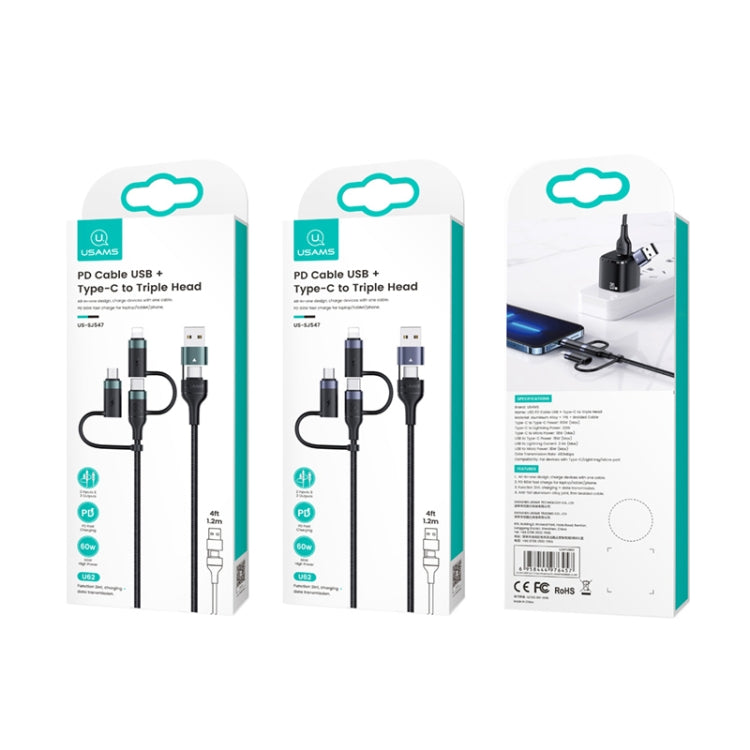 USAMS US-SJ547 U62 USB + Type-C / USB-C zu Type-C / USB-C + 8 Pin + Micro Aluminiumlegierung PD Schnellladedatenkabel, Länge: 1,2m