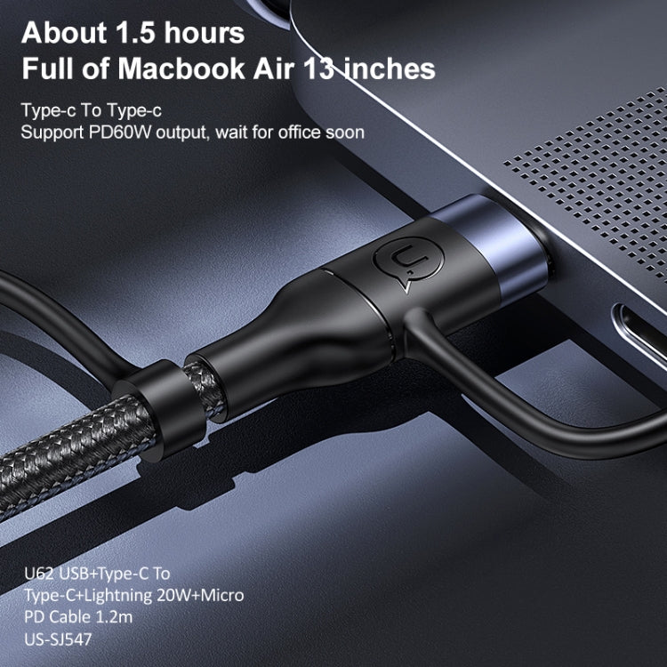 USAMS US-SJ547 U62 USB + Type-C / USB-C zu Type-C / USB-C + 8 Pin + Micro Aluminiumlegierung PD Schnellladedatenkabel, Länge: 1,2m