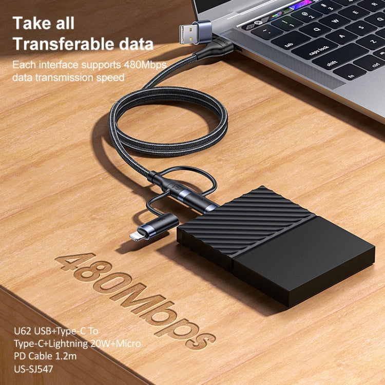 USAMS US-SJ547 U62 USB + Type-C / USB-C zu Type-C / USB-C + 8 Pin + Micro Aluminiumlegierung PD Schnellladedatenkabel, Länge: 1,2m
