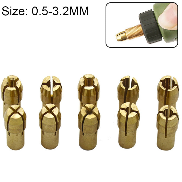 10 in 1 Dreibacken-Kupfer-Spannzange für Elektromühlen, Bohrungsdurchmesser: 0,5-3,2mm, Bohrungsdurchmesser: 0,5-3,2mm