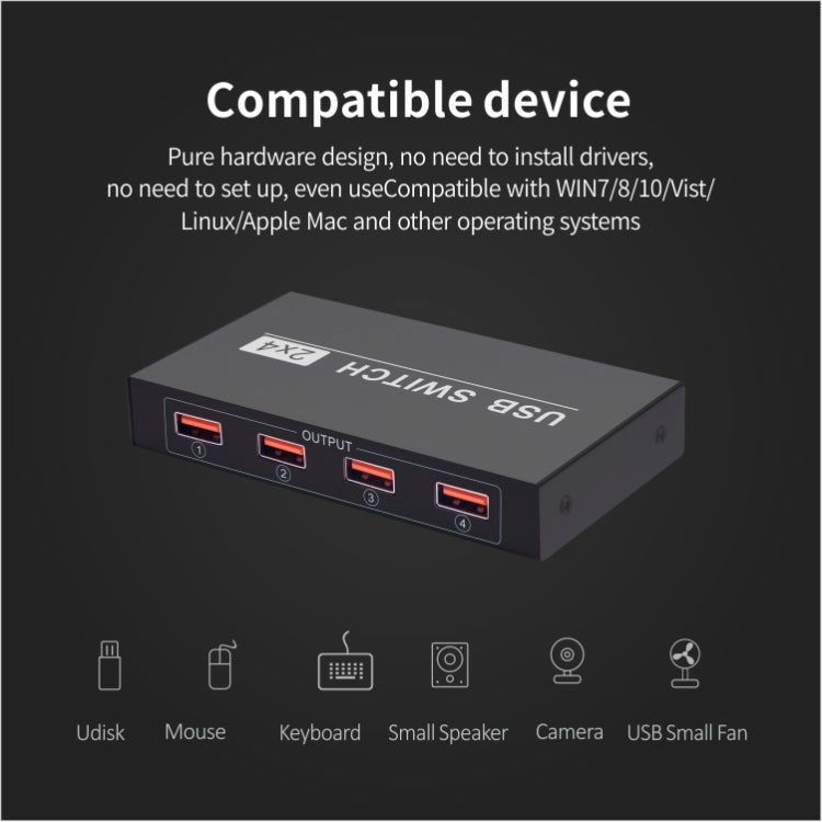 2x4 USB Umschalter 2 Ports PCs teilen 4 Geräte für Drucker Tastatur Maus Monitor, 2x4 USB Umschalter