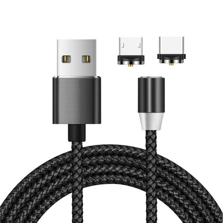 2-in-1 USB zu Micro-USB + USB-C / Typ-C Magnetischer Metallstecker Nylon zweifarbig geflochtenes magnetisches Datenkabel, Kabellänge: 1m, Micro-USB + USB-C / Typ-C
